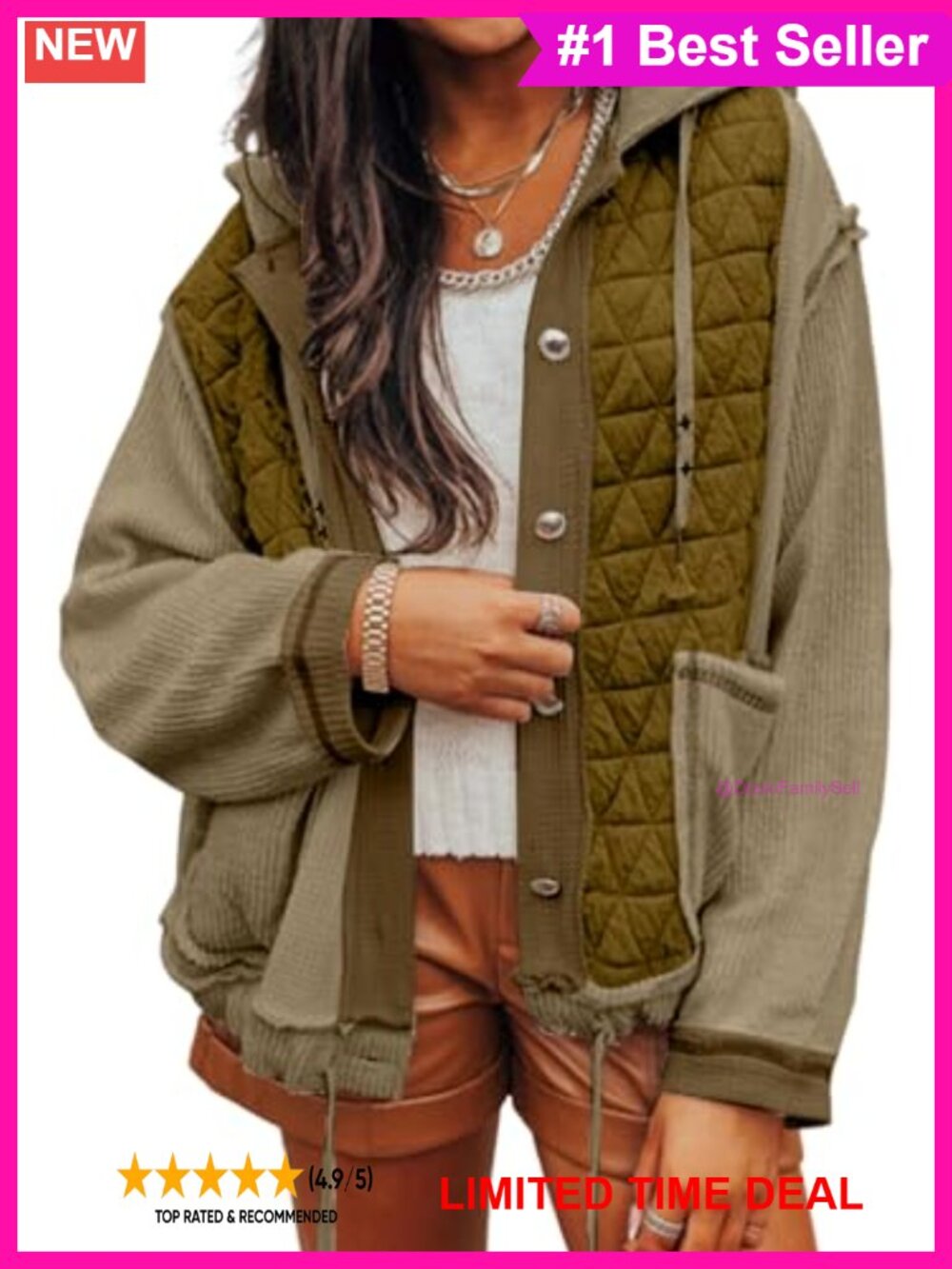 Quilted Patchwork Hooded Shacket Loose Fit Women's Jacket